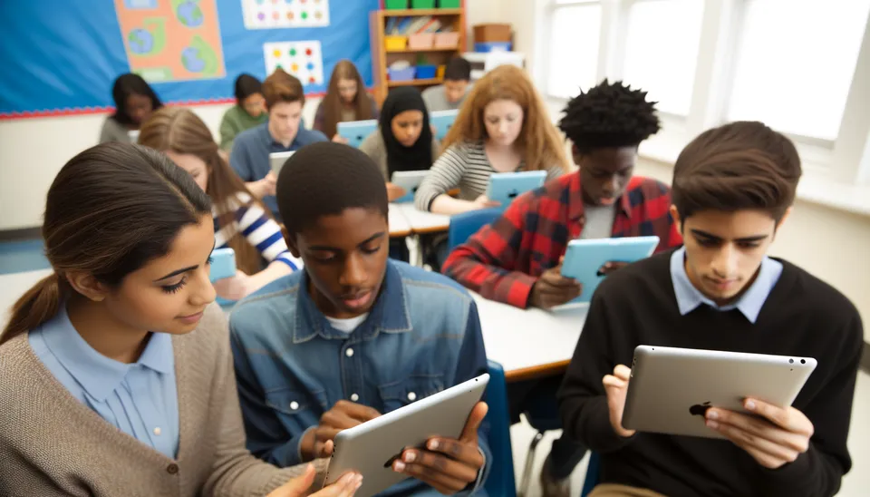 Elever i ett klassrum med iPad Air, engagerade i lärande.