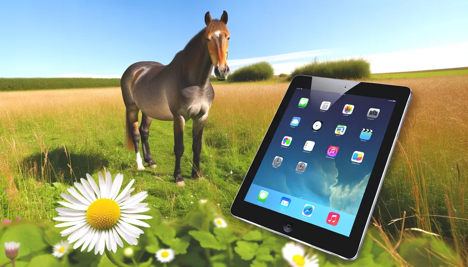 Hästar och iPad Air i en solig äng