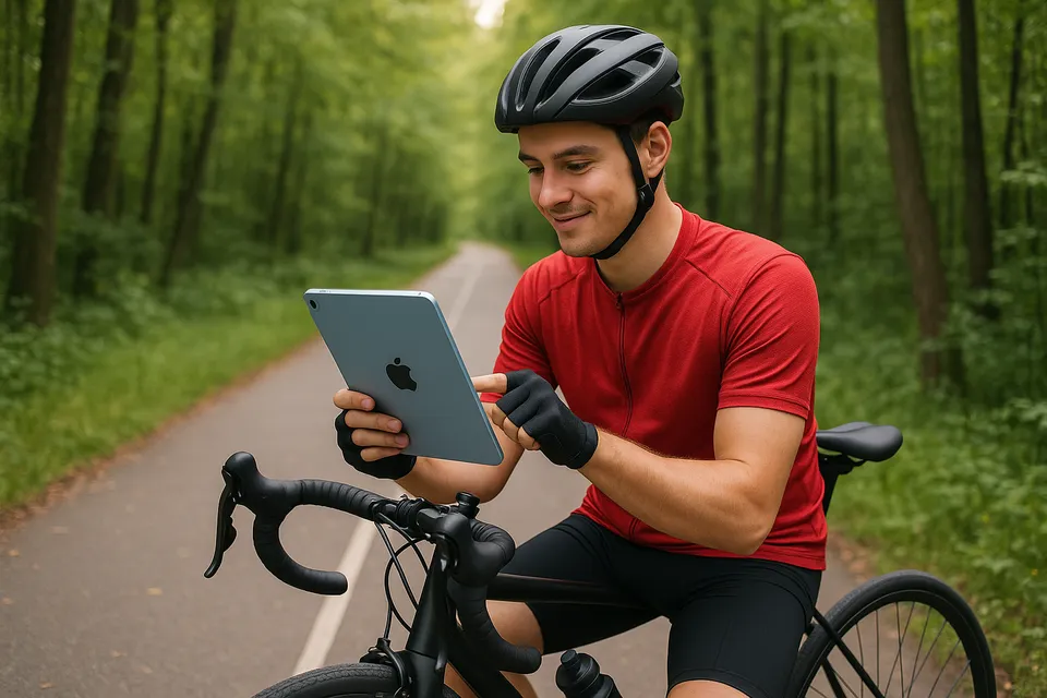 Cyklist använder iPad Air längs cykelväg