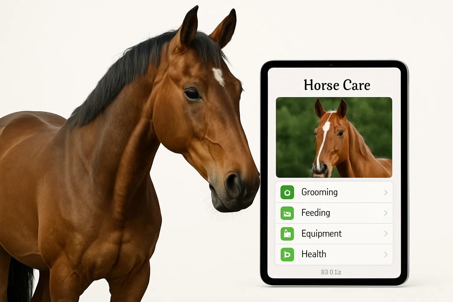 Häst bredvid en iPad Air med en hästskötselsapp på skärmen.
