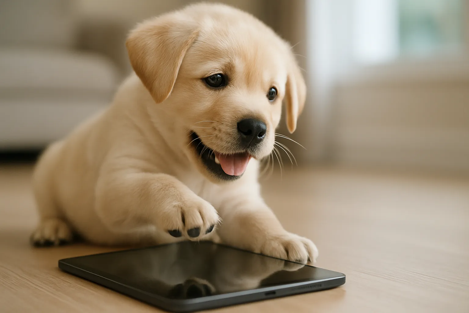 Lyckliga hundvalpar bredvid en iPad Air på ett ljust vardagsrumsgolv